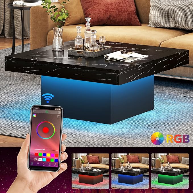 Tribesigns LED Coffee Table Square Engineered Wood Low Coffee Table for Living Room (Faux Marble Black+Black)