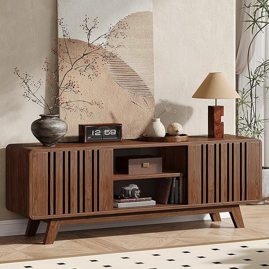 Mid-Century Modern Television Stand for 55/65/70 inch TV, 63” TV Stand with Power Outlet for Living Room, Entertainment Center with Sliding Grille Door Cabinets and Open Shelves, for Bedroom, Walnut