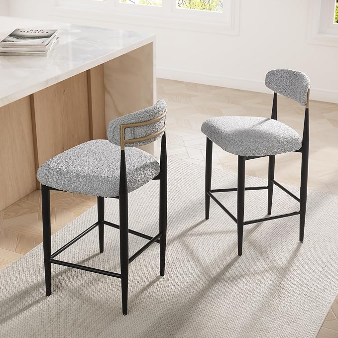 Morden Fort Counter Height Bar Stools Set of 4, Modern Upholstered Counter Stools with Black Metal Legs, Boucle Island Chairs for Kitchen, Dining Room and Bar