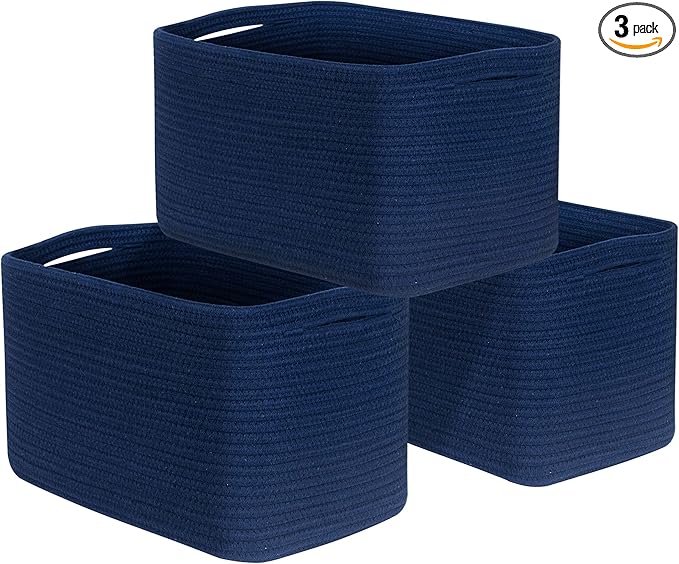 MINTWOOD Design 3-Pack Decorative Woven Storage Baskets for Shelves, Cube Bin Box for Organizing Books, Shoes, Dog Toys, Pantry Closet and Living Room Organizer, Navy Blue