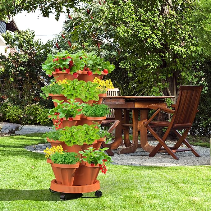 Strawberry Vertical Planters, 3 Tiered Stacking Tower Garden, Stackable Herb Vegetable Planters with Movable Casters and Bottom Saucer Indoor and Outdoor