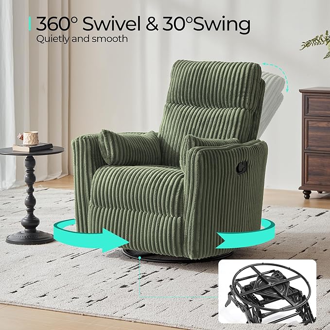LINSY 360 Swivel Recliner Chair - Corduroy Nursery Glider Rocking Chair with 2 Pillows, Comfy High Back Adult Recliner for Small Spaces, Nursery Bedroom Living Room Reclining (Green)