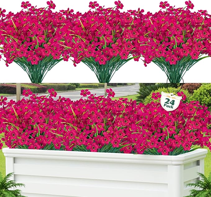 Lnoicy 24 Pcs Artificial Flowers for Outdoor,Plastic Flowers Decoration, UV Resistant Faux Flowers Shrubs, Artificial Plants for Indoor Outside Garden Home Wedding Farmhouse(Rose Red)