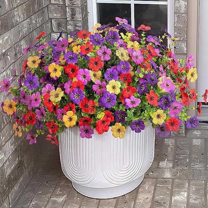 Fall Mums Artificial Flowers for Outdoors Potted, 12 Bundles Fake Fall Daisy Flower with Realistic Eucalyptus Leaves, Fake Plants for Greenery Boxwood Porch Patio Garden Pot Lawn