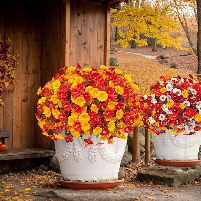 Artificial Fall Flowers for Outdoor, Fake Petunias Plants, Faux Flower, Fake Mums, 4PCS Fall Outdoor Decoration, UV Resistant, Silk Morning Glorias, for Home Garden Porch Planter (Golden Autumn)