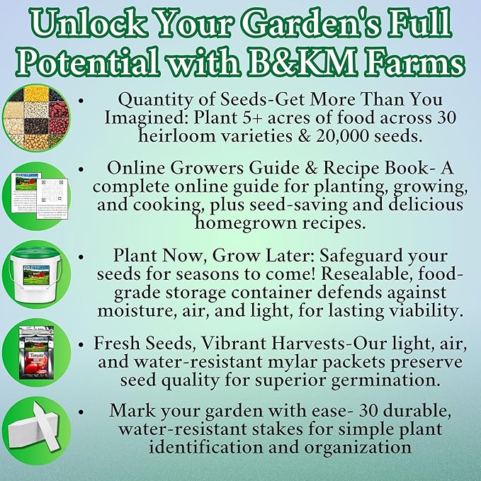 B&KM Farms 20,000+ Survival Seed Kit 5+ Year Supply. 30 Fruit & Vegetable Non-GMO Heirloom Seeds for Planting a Home Garden. Secure Emergency Weather-Proof Bucket