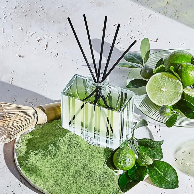 NEST New York Reed Diffuser, Lime Zest & Matcha - 5.9 fl oz - Fragrance for Up to 90 Days - Reusable, Refillable Glass Holder - Includes 8 All-Natural Reed Sticks - Flame Free