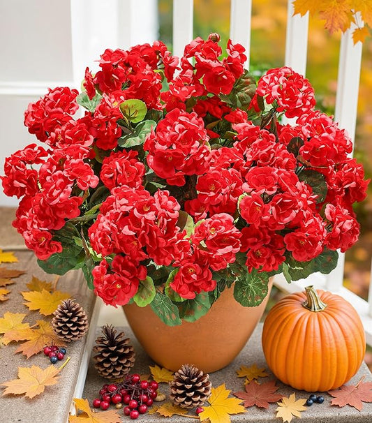 Artificial Geraniums Fake Flowers for Outdoors Decoration, 6 Bundles Silk Geraniums Red Flower UV Resistant Look Real Faux Plants for Front Door Garden Porch Planter Patio Balcony Yard Indoor Home