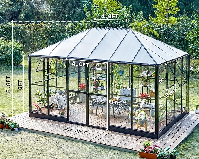 AMERLIFE 14x9.5x9 FT Hybrid Polycarbonate Greenhouse Quick Connector Fast Assembly, Swing 2 Doors Clear Panels, Walk-in Large Aluminum Greenhouse for Outdoors, Black