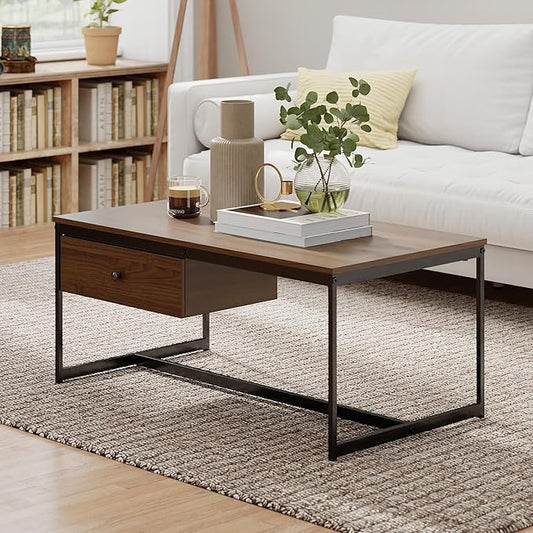 Manora Minimalist Coffee Table with Drawer, Modern Industrial Aesthetic Center Table for Living Room, Stylish Wood Modern Coffee Table with Storage, Walnut