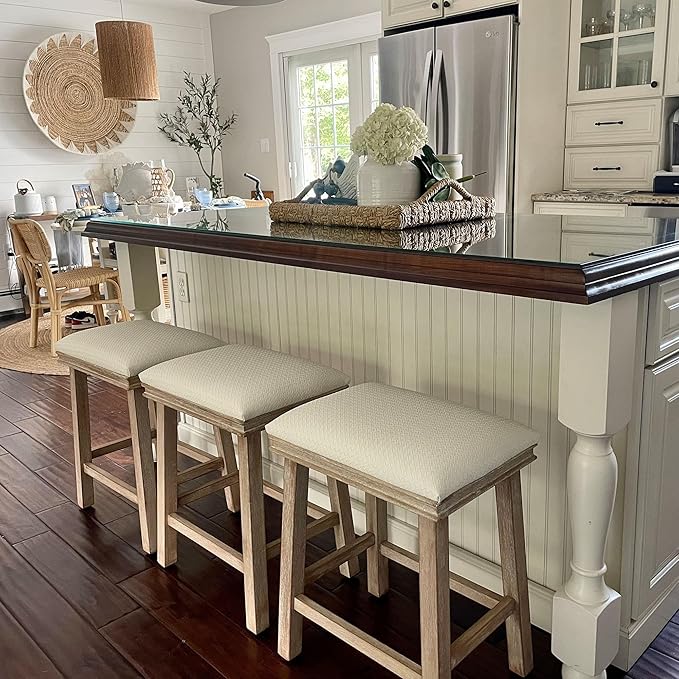 PHI VILLA Bar Stools Set of 3 - Solid Wood Legs Counter Height Barstools with Upholstered Saddle Seat, 24 inch Kitchen Counter Island Stools