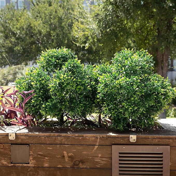 Premium 16" Diameter Artificial Japanese Boxwood Topiary – Set of 2 Faux Plants with Ground Spikes – UV-Resistant, Realistic Outdoor & Indoor Garden Décor – Weatherproof and Durable