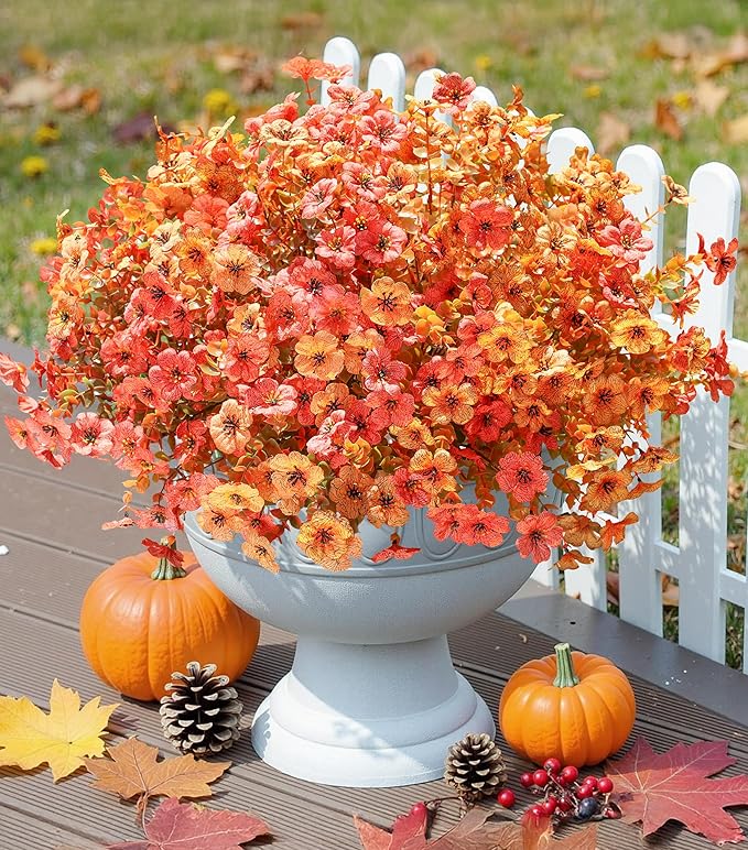 Artificial Fall Flowers Fake Mums for Outdoor Autumn Decoration, 12 Bundles Faux Silk Orange Yellow Mums Daisy Look Real UV Resistant for Outside Home Porch Patio Planter