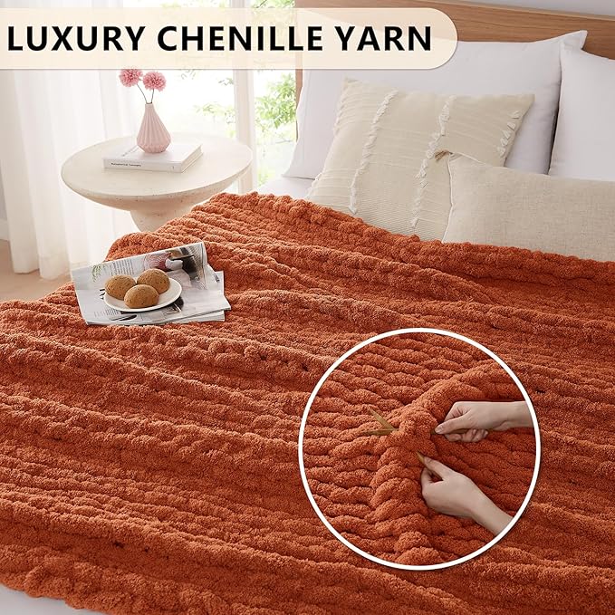 L'AGRATY Chunky Knit Blanket Throw: 50''x60'' Chenille Chunky Knitted Throw Blanket for Bed Couch - Handmade Thick Big Cable Knit Blanket - Large Crochet Rope Blanket for Home Decor(Rusty Orange)