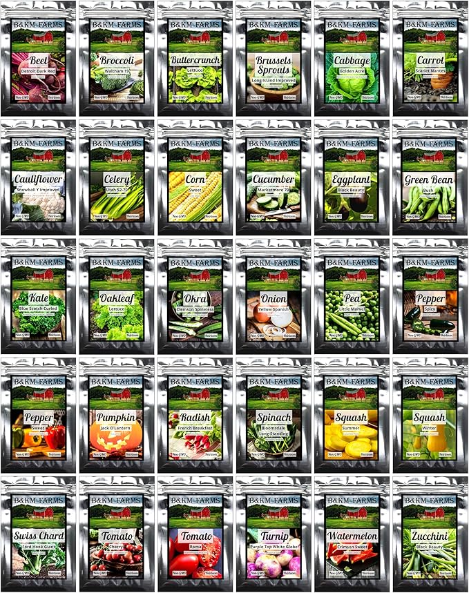B&KM Farms 20,000+ Survival Seed Kit 5+ Year Supply. 30 Fruit & Vegetable Non-GMO Heirloom Seeds for Planting a Home Garden. Secure Emergency Weather-Proof Bucket
