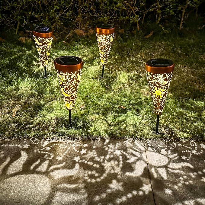 DIBIEECN 4 Pack Sun and Moon Solar Garden Pathway Lights Outdoor,Metal Garden Decorations Outdoor Lights with Patterns and Warm Light,Waterproof Landscape Lighting for Path Patio Backyard Yard