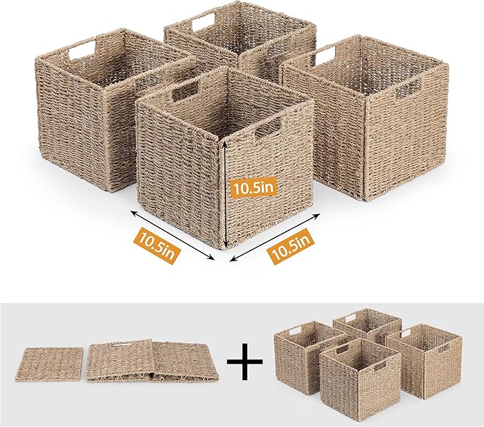 10.5 x 10.5in Seagrass Storage Baskets Set of 4, Cube Foldable Woven Storage Baskets for Shelves, Decorative Seagrass Shelf Basket