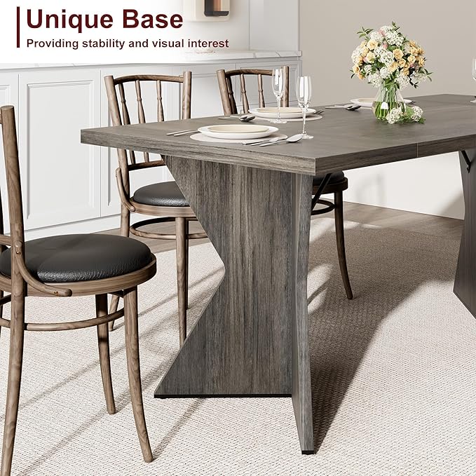 70.9'' Dining Table for 6, Farmhouse Rectangular Kichen Table with Sturdy Frame and “V” Leg, Wooden Thickened Long Desk and Dinner Desk for Dining Room, Kitchen, Office, Game Room(Grey)