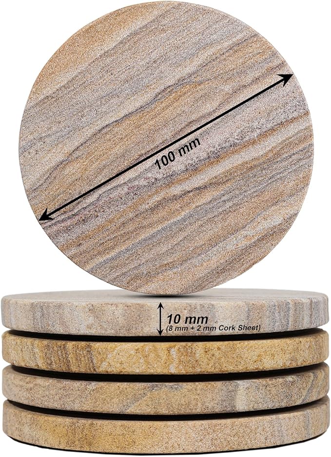 Sandstone Water Absorbent Hand Crafted Round Coasters for Drinks - 4 Inches Wide Thirsty Stone Bar/Drink Coasters- Made from Rainbow Sandstone (Set of 4 with Holder)