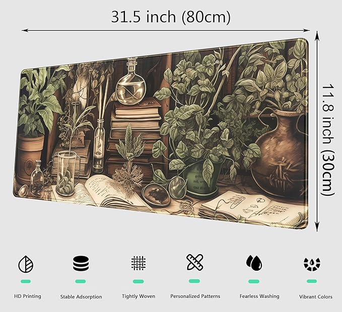 Retro Olive Green Plant XL Large Extended Gaming Mouse Pad Cool Plants Lovers Desk Mat with Stitched Edges, Non-Slip Rubber Base Mousepad, Laptop Computer Keyboard and Mouse Mat 31.5x11.8 in