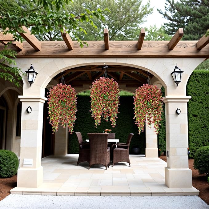 Artificial Mums for Outdoors Fake Hanging Flowers for Fall Decoration, 2 PCS Silk Daisy Flower Realistic Faux Plants UV Resistant for Porch Patio Window Yard Outside Autumn Decor(Brown)