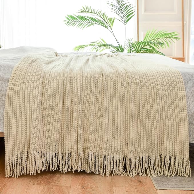 Blagic Knitted Throw Blanket for Couch,Soft Farmhouse Boho Fall Throw Blanket with Tassels,Home Decorative Lightweight Throw Blankets,Beige Throws for Bed/Chair/Sofa, 60" W x 80" L