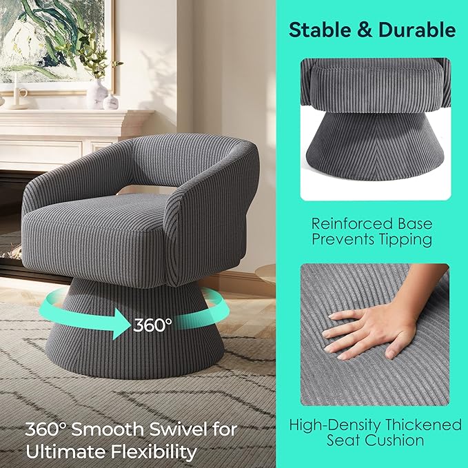 LINSY Swivel Barrel Chair, 360° Modern Swivel Accent Chair with Arms, Boucle Swivel Chair Gray Corduroy Chairs for Bedroom Living Room Small Spaces