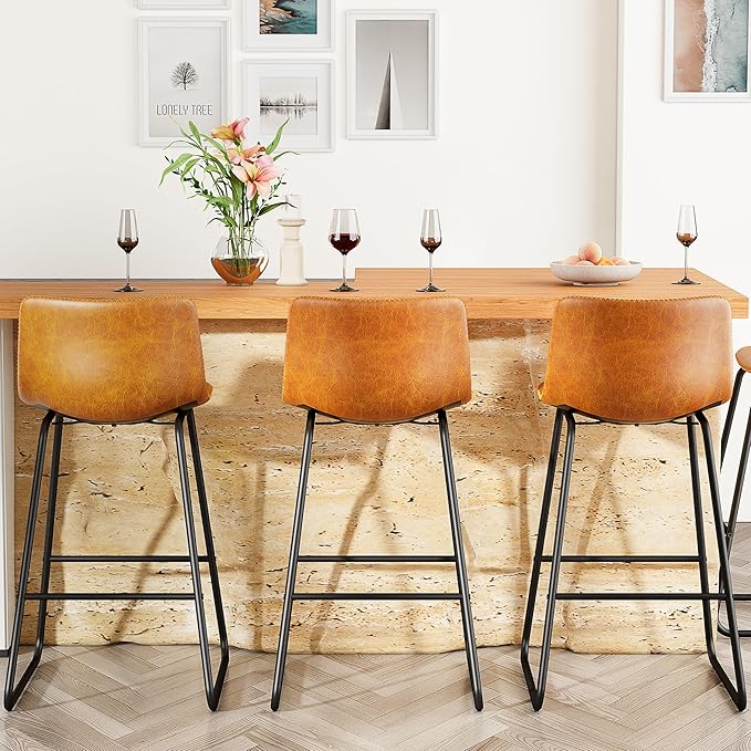 Bar Stools Set of 4, Modern Counter Height Bar Stools with Back, 26 inch Faux Leather Bar Stools with Metal Legs and Footrest, Urban Armless Dining Chairs for Kitchens Island (Brown)