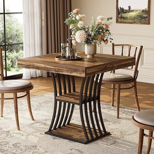 LITTLE TREE 31.5-Inch Square Dining Table for 2 People, 2-Tier Industrial Kitchen Table with Storage Mental Base for Dining Room, Living Room,Small Spaces (Brown and Black)