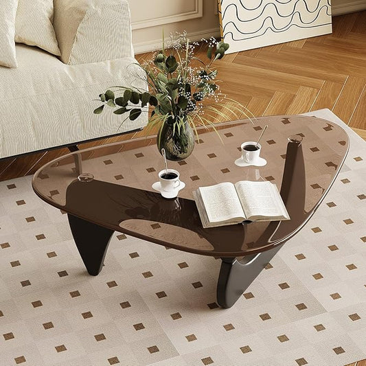 Glass Coffee Table for Living Room Mid Century Modern Triangle Center Table with Wooden Base, Brown/Black