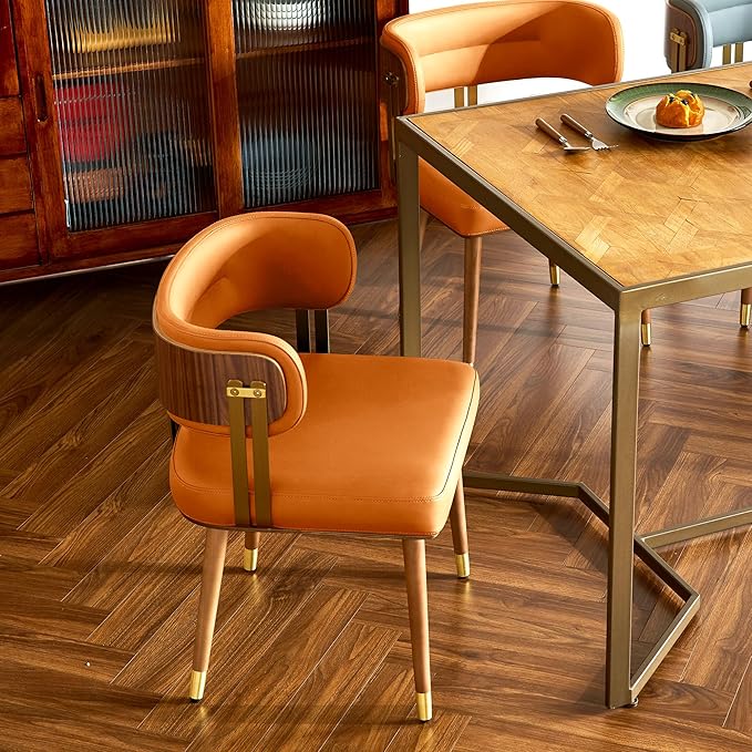 Modern Mid-Century Upholstered Leather Dining Chairs with High-Resilience Foam, Walnut Wood Veneer&Gold Metal Legs,Dining Chairs with Anti-Slip Pads,Cinnamon Orange