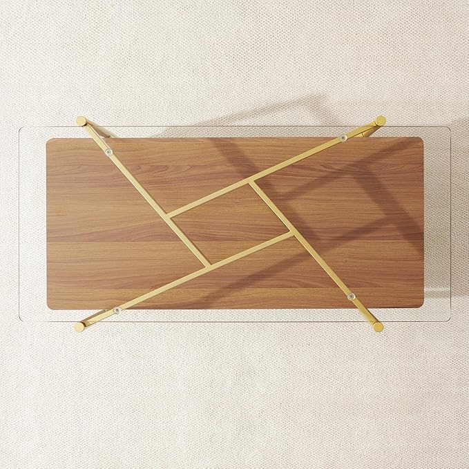 Rectangle Coffee Table, Mid-Century Modern Design, L41*W21*H17 inch, for Living Room, Clear Glass Top and Walnut Finish Wood Shelf, Conical Metal Legs with Gold Finish