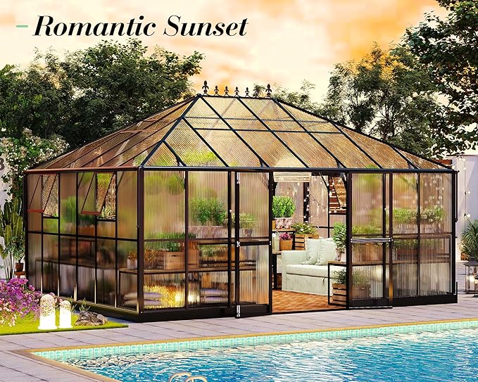 Jocisland 16x12x9.5 FT Polycarbonate Greenhouse- 6 FT Wall Height Outdoor Aluminum Greenhouses with 2 Ventilation and Rain Gutter, Double Doors with Hook, Walk-in Greenhouse for Backyard Garden
