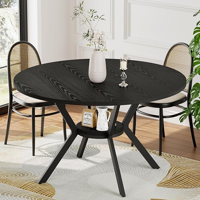 Black Dining Table for 4, 42 Inch Round Kitchen Table with Storage, Wooden Circle Dinner Table with Metal Legs, Rustic Mid Century Modern Dining Room Tables for Kitchen, Living Room, Dining Room
