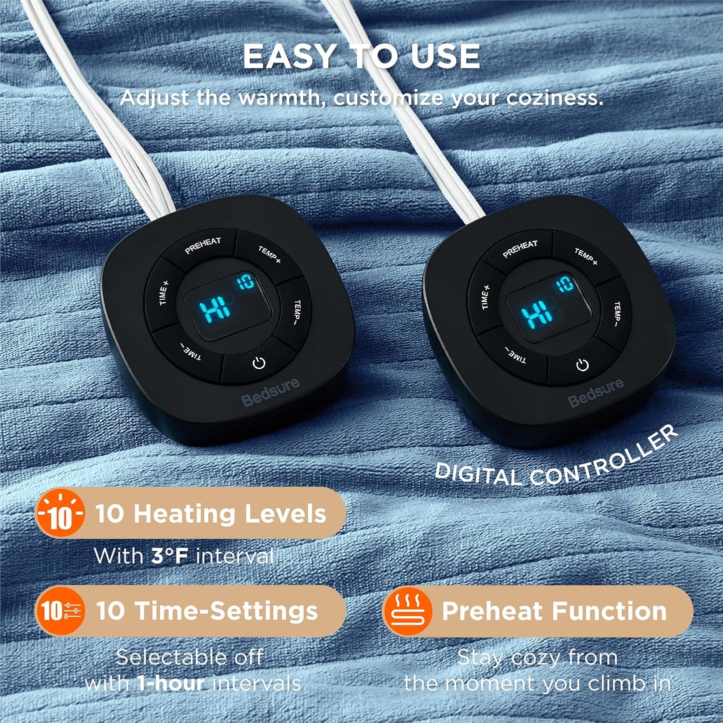 Bedsure Electric Blanket King Size - Dual Control Heated Blanket King Size, Fast Heating with 10 Time Settings & 10 Heat Settings, Warm Gift for Grandma (100x90 inches, Blue)