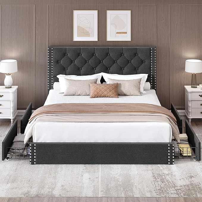 LARMACE Queen Size Bed Frame with 4 Storage Drawers and Tufted Headboard Linen Upholstered Platform Bed Frame with Heavy Duty Wood Slats, No Box Spring Needed, Easy Assembly, Grey