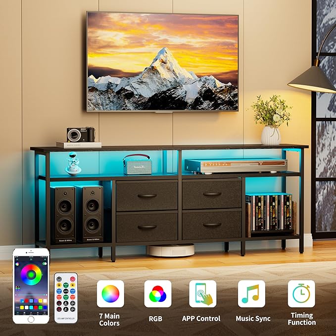 JUSTOGO TV Stand for 55/60/65/70 Inch TV, Modern Entertainment Center with LED Lights and Power Outlets, TV Stand with Drawers and Shelves, Media Console with Storage for Living Room Bedroom, Black