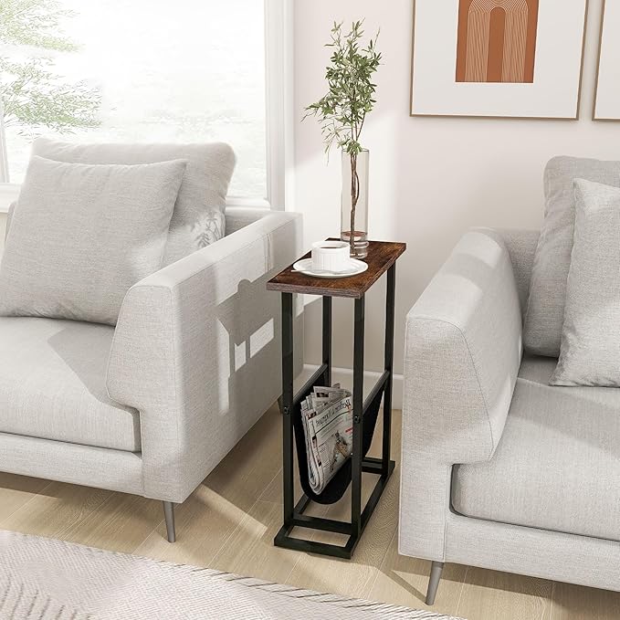 Narrow Side Table with PU Leather Magazine Holder Rustic Slim Little Thin Table for Living Room, Bedroom, Sofa, Rustic Brown