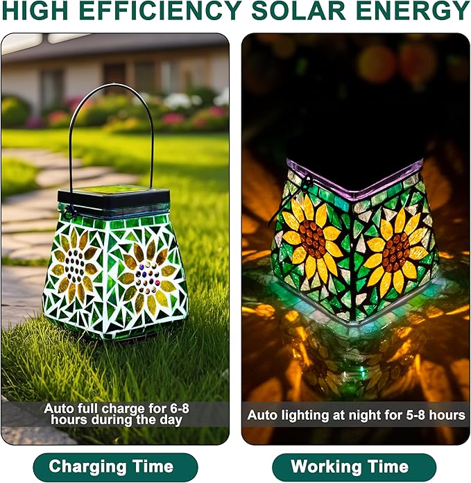 VOREEN Mosaic Solar Lanterns, Handmade Outdoor Glass Hanging Lights, IP44 Waterproof Solar Table Lamps, Decor for Garden, Patio, Yard, Party, Balcony, Gift for Mom Wife Friend, Sunflower Design