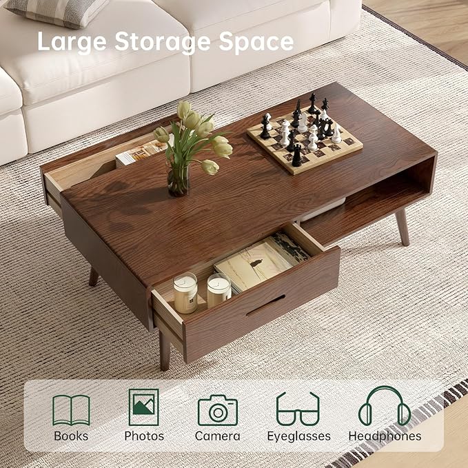 100% Solid Wood Coffee Table for Living Room, 47.24" W Oak Coffee Table with Storage Shelf and 2 Drawers, Mid-Century Modern Coffee Tables for Home (Oak Walnut Colour)