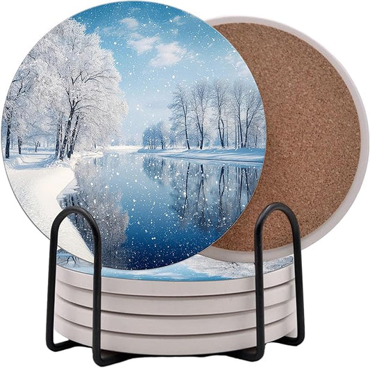 Winter Wintertime Snow Season Round Coasters Set of 6 - Abosrbent Ceramic Coasters with Metal Stand for Drinks, Coffee, Non-Slip Cork Back for Tabletop Protection, 4 Inches (Snow)