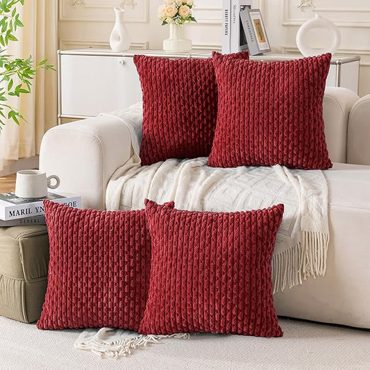 Set of 4 Burgundy Decorative Throw Pillow Covers 20x20 Inch Corduroy Pillow Covers for Bed Couch Sofa Living Room Soft Square Cushion Cases