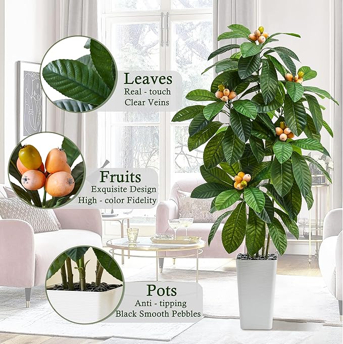 Artificial Loquat Tree：Faux Tree Realistic Fake Tropical Fruit Plant Large Silk Floor Plants with Lifelike Fruits&Pot for Home Decor Indoor Outdoor Room Office Patio Balcony(5FT,1-Pack,White)