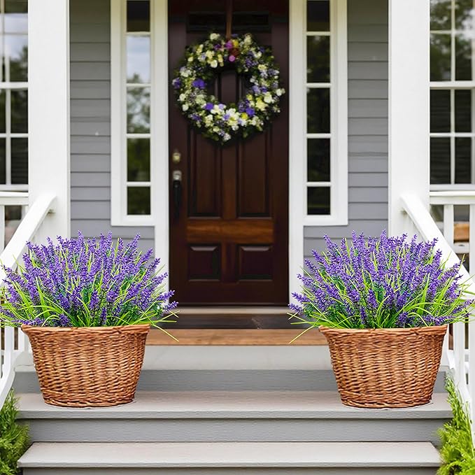 24 Bundles Artificial Lavender Flowers for Outdoors, UV Resistant Faux Plants, Monkey Grass, Fake Plastic Flowers for Porch, Garden, Window Box, Office & Home Decor
