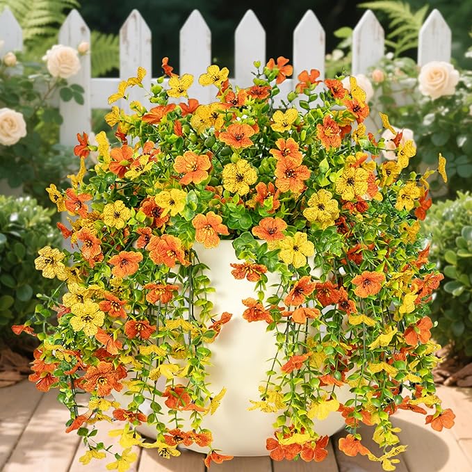 Artificial Flowers for Outdoors Decoration, 2 Pcs Outdoor Faux Plants Daisy with Eucalyptus Leaves Fall UV Resistant Fake Flowers Hanging Planters for Front Porch Patio Yard Door Garden Home Decor