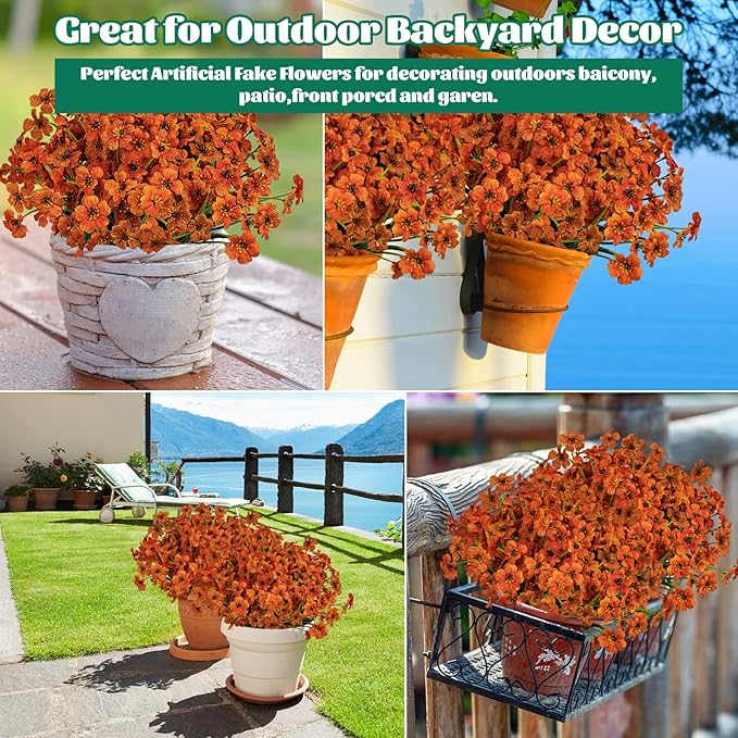 Lnoicy 12 Pcs Artificial Flowers for Outdoor,Plastic Flowers Decoration, UV Resistant Faux Flowers Shrubs, Artificial Plants for Indoor Outside Garden Home Wedding Farmhouse(Orange)