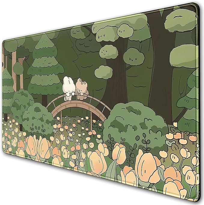 Anime Forest Desk Mat,Cute Green Mouse Pad,Kawaii Aesthetic Full Desktop Pad XXL Gaming Mousemat XL, Extended Korean Animals Bear Bunny Keyboard Mat Large 31.5x15.7 Inch Non-Slip&Stitched Edges
