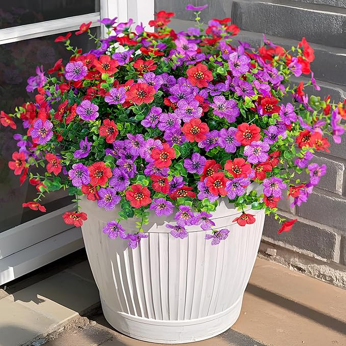 Artificial Fake Plants Flowers for Outdoor Spring Summer Decor, 12 Bundles Faux Silk Daisy for Planter Pot Colorful UV Resistant Look Real for Front Door Porch Patio Outside Yard(Purple Red)