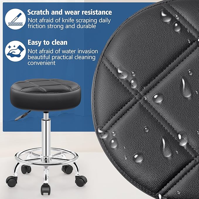 Rolling Stool with Wheels, PU Leather Small Office Chair with Foot Rest,Versatile Adjustable Swivel Stool for Tattoo Massage Salon Spa Teach Medical Facial Office Home Work Kitchen