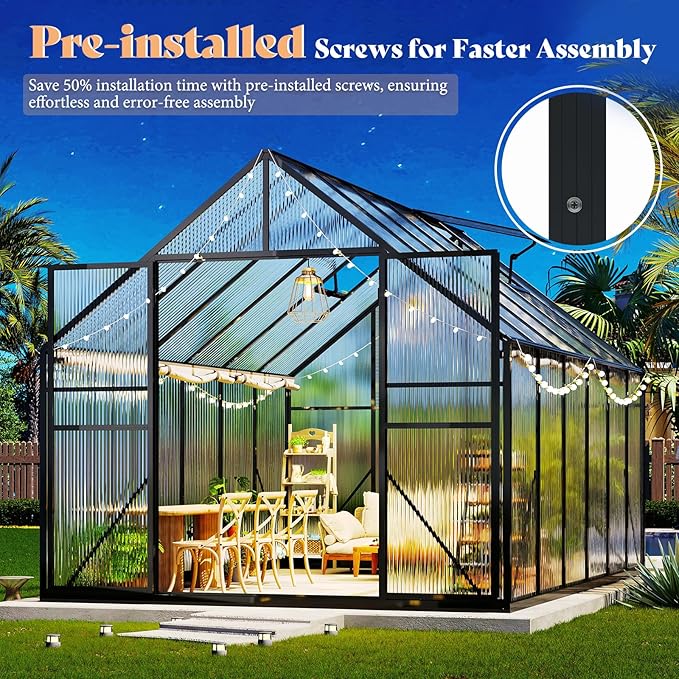 Amerlife 8x10x7 FT Polycarbonate Greenhouse for Outdoors, Walk-in Design with Aluminum Frame, 2 Windows and Swing Door, Heavy-Duty Greenhouse Construction for Garden, Black